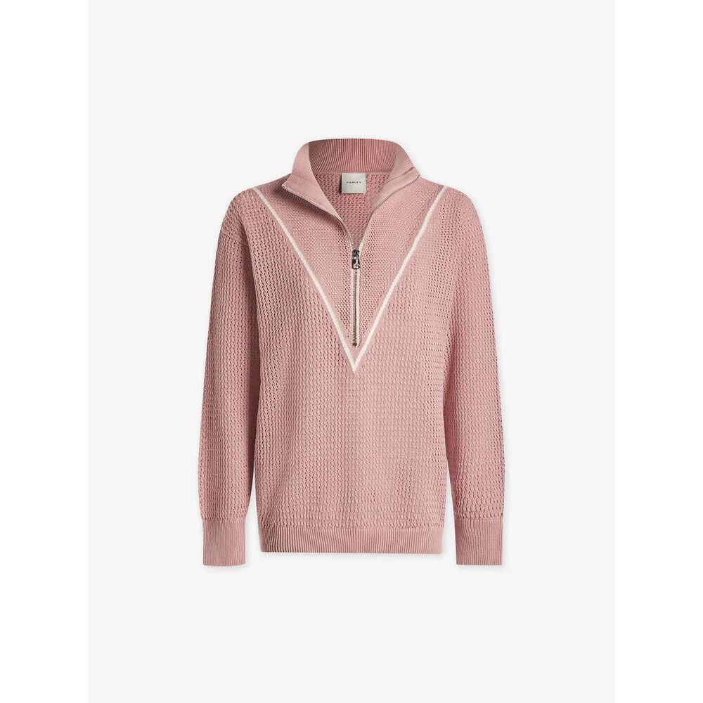 Varley Calva High Neck Knit Half Zip Textured Polo Sweater Pale Mauve Small